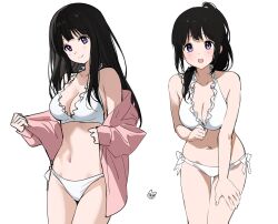 Rule 34 | 1girl, :d, artist logo, bare shoulders, bikini, black hair, blush, breasts, chitanda eru, cleavage, collarbone, commentary request, highres, hyouka, jacket, large breasts, long hair, looking at viewer, medium breasts, mery (yangmalgage), multiple views, navel, open mouth, pink jacket, ponytail, purple eyes, simple background, sketch, smile, stomach, straight hair, swimsuit, thigh gap, very long hair, white background, white bikini