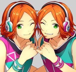 Rule 34 | 10s, 2boys, ;), aoi hinata, aoi yuta, bracelet, brothers, parted hair, ensemble stars!, green eyes, grin, headphones, jewelry, looking at viewer, lowres, male focus, multiple boys, one eye closed, orange hair, siblings, sleeveless, smile, twins, upper body, wand3754, wristband