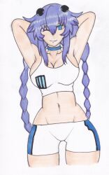 Rule 34 | 1girl, absurdres, armpits, arms behind head, blue eyes, braid, curvy, highres, legs, long hair, midriff, navel, neptune (series), one eye closed, purple hair, purple heart (neptunia), shorts, smile, solo, tank top, thick thighs, thighs, toned, traditional media, twin braids, wink