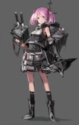 Rule 34 | 10s, 1girl, alternate costume, armor, chainmail, full body, hair bobbles, hair ornament, highres, kantai collection, machinery, pink eyes, pink hair, rabbit, sazanami (kancolle), shield, short hair, simple background, solo, spikes, sumisu (mondo), turret