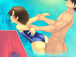 Rule 34 | 1boy, 1girl, arm grab, ass, back, bare shoulders, blush, brown hair, censored, clothed female nude male, flat chest, gradient background, hetero, legs, looking away, mosaic censoring, nude, orange eyes, penetration through clothes, penis, pool, saliva, sex, sex from behind, shiny skin, short hair, solo focus, swimsuit, thighs, through clothes, vaginal, water, x-ray, yoko juusuke