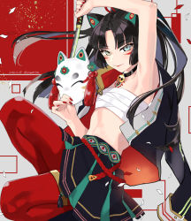 Rule 34 | 1boy, animal ears, arm up, armpits, bell, black choker, black skirt, blue eyes, blunt bangs, chest sarashi, choker, commentary request, commission, dated, feet out of frame, fox mask, green eyes, grey background, heterochromia, holding, holding mask, jacket, jacket on shoulders, japanese clothes, katana, lips, long hair, male focus, mask, midriff, nail polish, neck bell, potti-p, red background, red legwear, red nails, sarashi, short sword, skeb commission, skirt, solo, sword, tantou, thigh strap, thighs, twitter username, weapon