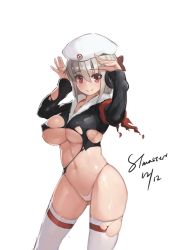 Rule 34 | armband, arms up, artist name, beret, black shirt, bottomless, bow, breasts, cameltoe, cleft of venus, closed mouth, covered erect nipples, cowboy shot, dated, fur trim, g-string, grey hair, hair between eyes, hat, headphones, large breasts, looking at viewer, navel, panties, red bow, red eyes, shirt, simple background, skindentation, smile, solo, standing, stmast, text focus, thighhighs, thong, torn clothes, torn thighhighs, transparent background, underwear, verniy (warship girls r), warship girls r, white background, white hat, white panties, white thighhighs