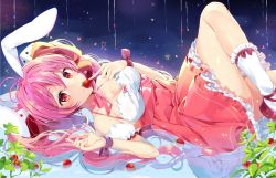 Rule 34 | 1girl, animal ears, bad id, bad pixiv id, bare shoulders, blush, breasts, cleavage, closed mouth, di gi charat, dice, food, fruit, long hair, looking at viewer, lying, medium breasts, on back, pinb, pink hair, rabbit ears, red eyes, smile, solo, strawberry, usada hikaru