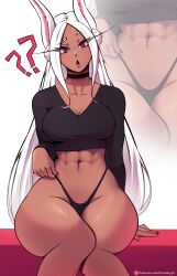 Rule 34 | 1girl, :o, ?, ??, abs, absurdres, animal ears, bare legs, black choker, black nails, black panties, black sweater, boku no hero academia, breasts, choker, cleavage, cropped sweater, curvy, dark-skinned female, dark skin, feet out of frame, fraankyy, head tilt, highleg, highleg panties, highres, large breasts, long eyelashes, long hair, looking at viewer, mirko, nail polish, navel, open mouth, panties, parted bangs, patreon username, rabbit ears, rabbit girl, red background, red eyes, sitting, solo, stomach, sweater, thick thighs, thighs, toned, underwear, v-neck, very long hair, white hair, zoom layer