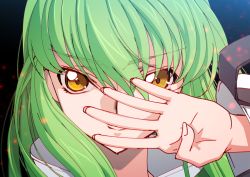 Rule 34 | 1girl, c.c., closed mouth, code geass, creayus, green hair, hair between eyes, hand over face, long sleeves, looking at viewer, m&amp;m (mickey and mackey), portrait, smile, solo, yellow eyes