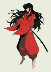 Rule 34 | 1boy, baggy pants, barefoot, black hair, floating hair, full body, inuyasha, inuyasha (character), japanese clothes, long hair, long sleeves, male focus, pants, profile, red pants, red shirt, ribbon trim, shirt, simple background, solo, sword, tan background, ttk211, weapon, wide sleeves