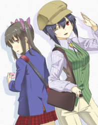Rule 34 | 2girls, alternate costume, alternate headwear, bag, black hair, bolo tie, bow, brown eyes, brown hair, cabbie hat, casual, checkered clothes, checkered skirt, cl (h-sys.), contemporary, hair bow, hat, head tilt, highres, himekaidou hatate, looking back, multiple girls, one eye closed, open mouth, red eyes, shadow, shameimaru aya, shoulder bag, simple background, skirt, tamagotchi, touhou, twintails, vest