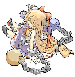 Rule 34 | 1girl, ball and chain restraint, blonde hair, blue bow, blue skirt, bow, brown eyes, chain, closed mouth, colored eyelashes, commentary request, hair bow, horn bow, horn ornament, horns, ibuki suika, long hair, red bow, ribbon-trimmed skirt, ribbon trim, shirt, sitting, skirt, sleeveless, sleeveless shirt, smile, solo, touhou, white bow, white shirt, yamasina009
