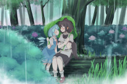Rule 34 | 2girls, bad id, bad pixiv id, belt, bird wings, black hair, black skirt, blue dress, blue hair, blush, cirno, closed eyes, commentary request, dress, ear blush, facing another, flower, forest, geta, grass, hat, hedge, holding, holding leaf, hydrangea, imminent kiss, kototoki (user ysym5287), leaf, leaf umbrella, leaning forward, log, looking at another, multiple girls, nature, neck ribbon, outdoors, parted lips, petticoat, pinafore dress, pointy ears, profile, puffy short sleeves, puffy sleeves, rain, red footwear, red neckwear, ribbon, shameimaru aya, shared umbrella, shirt, short hair, short sleeves, sideways mouth, skirt, sleeveless dress, socks, tengu-geta, tokin hat, touhou, umbrella, untucked shirt, white legwear, white shirt, wings, yuri