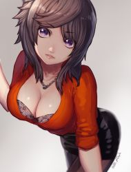 Rule 34 | 10s, 1girl, black skirt, blade &amp; soul, bra, breasts, brown hair, character request, cleavage, cowboy shot, eyebrows, eyelashes, grey background, jewelry, leaning forward, looking at viewer, medium breasts, miniskirt, necklace, pantyhose, parted lips, pencil skirt, pink lips, purple eyes, short hair, short sleeves, signature, skirt, solo, twitter username, type-alpha, underwear