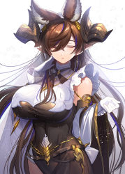 Rule 34 | 1girl, animal ears, blush, breasts, brown hair, closed eyes, covered navel, detached sleeves, extra ears, eyebrows hidden by hair, galleon (granblue fantasy), gloves, granblue fantasy, horns, large breasts, long hair, parted lips, pointy ears, solo, tenryou sena, veil, very long hair, white background, white gloves