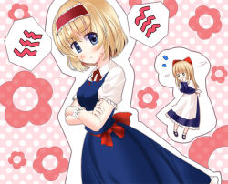 Rule 34 | 0 0, 1girl, :t, a (aaaaaaaaaaw), alice margatroid, blue dress, blush, bow, capelet, cosplay, costume switch, crossed arms, dress, female focus, hair bow, hair ribbon, long hair, mary janes, pout, ribbon, shanghai doll, shoes, short hair, solo, touhou