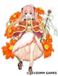 Rule 34 | 1girl, :d, bare legs, blue eyes, bow, crown, dress, flower, flower knight girl, full body, gradient hair, holding, holding wand, long hair, looking at viewer, mini crown, multicolored hair, name connection, object namesake, official art, open mouth, orange hair, pink hair, sandals, simple background, smile, solo, standing, standing on one leg, tenmitsu yuka, tithonia (flower knight girl), twintails, wand, white background, white bow, white dress