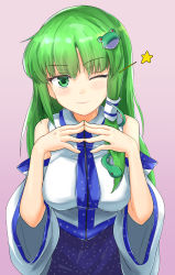Rule 34 | 1girl, ;), bare shoulders, blue skirt, blush, commentary request, cowboy shot, detached sleeves, fingers together, frog hair ornament, gradient background, green eyes, green hair, hair ornament, hair tubes, hands up, highres, kochiya sanae, long hair, long sleeves, looking at viewer, one eye closed, pink background, shirt, sidelocks, skirt, smile, snake hair ornament, solo, standing, star (symbol), tada no nasu, touhou, white shirt, wide sleeves