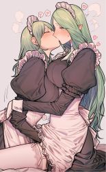 Rule 34 | 2girls, alternate costume, apron, black dress, blush, breasts, byleth (female) (fire emblem), byleth (fire emblem), closed eyes, commentary request, dress, enmaided, female focus, fire emblem, fire emblem: three houses, frilled apron, frills, from side, garter straps, green eyes, green hair, grey background, hand under clothes, heart, highres, ikarin, implied fingering, kiss, large breasts, long hair, long sleeves, maid, maid headdress, matching hair/eyes, multiple girls, nintendo, pointy ears, profile, rhea (fire emblem), simple background, sitting, spoken heart, sweat, thighhighs, very long hair, white apron, white thighhighs, yuri