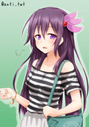 Rule 34 | 10s, 1girl, alternate costume, anti (untea9), bag, bare shoulders, bracelet, casual, collarbone, contemporary, crescent, green background, hair ornament, handbag, highres, jewelry, kantai collection, kisaragi (kancolle), long hair, looking at viewer, off-shoulder shirt, off shoulder, open mouth, purple eyes, purple hair, shirt, simple background, solo, striped clothes, striped shirt, twitter username