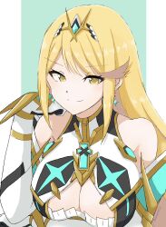Rule 34 | 1girl, arm support, arm under breasts, bare shoulders, blonde hair, breast hold, breasts, cleavage, cleavage cutout, clothing cutout, highres, large breasts, long hair, looking at viewer, mythra (xenoblade), seductive smile, simple background, smile, solo, xenoblade chronicles (series), xenoblade chronicles 2, yellow eyes