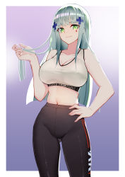 Rule 34 | 1girl, black pants, breasts, closed mouth, commission, cowboy shot, facial mark, girls&#039; frontline, green eyes, hair ornament, hand on own hip, highres, hk416 (girls&#039; frontline), large breasts, long hair, looking at viewer, midriff, navel, pants, silver hair, skeb commission, solo, sports bra, warashi, white sports bra, yoga pants