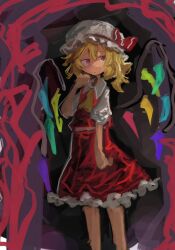 Rule 34 | 1girl, 9302w (user wjpg8475), blonde hair, crystal, feet out of frame, flandre scarlet, hand up, hat, highres, looking to the side, mob cap, pink eyes, short hair, solo, touhou, wings