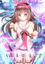 Rule 34 | 1girl, animal ears, arms up, blue eyes, breasts, brown hair, cat ears, cat tail, character name, collarbone, detached sleeves, highres, jiaxi daze, kizuna ai, kizuna ai inc., lace, lace-trimmed legwear, lace trim, long hair, looking at viewer, medium breasts, navel, paw pose, pink ribbon, ribbon, short shorts, shorts, solo, tail, thighhighs, virtual youtuber
