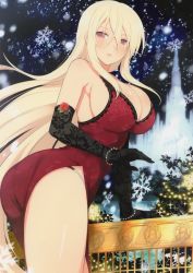 Rule 34 | 10s, 1girl, balcony, bare shoulders, black gloves, blonde hair, blush, breasts, cleavage, dress, earrings, elbow gloves, floral print, gloves, highres, jewelry, large breasts, leo (senran kagura), long hair, looking at viewer, looking back, night, night sky, official art, outdoors, parted lips, purple eyes, red dress, scan, senran kagura, side slit, sky, sleeveless, snowflakes, snowing, solo, very long hair, yaegashi nan