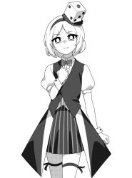 Rule 34 | 1other, black skirt, black vest, bow, bowtie, collared shirt, commentary request, cowboy shot, dice hair ornament, hair ornament, hairband, head tilt, len&#039;en, looking at viewer, onkn sxkn, overskirt, shirt, short hair, simple background, skirt, thighhighs, vest, white background, wrist cuffs, xeno a