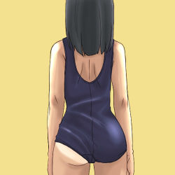 Rule 34 | 1girl, ass, back, cowboy shot, from behind, lowres, one-piece swimsuit, one-piece tan, school swimsuit, solo, swimsuit, tan, tanline, yellow background