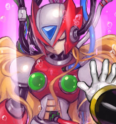 Rule 34 | 1boy, absurdres, androgynous, android, blonde hair, bubble, cable, capcom, closed eyes, floating hair, gloves, helmet, hemet, highres, long hair, male focus, mega man (series), mega man x (series), solo focus, upper body, white gloves, wire, zero (mega man)