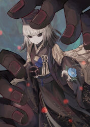 Rule 34 | 1girl, absurdres, aqua background, black headwear, black kimono, blue flower, blunt bangs, chajinbou, chitake, closed mouth, colored tips, cup, fate/grand order, fate (series), flower, ghost hands, giant hand, grey eyes, highres, holding, holding cup, japanese clothes, kimono, long sleeves, multicolored hair, pale skin, sash, sen no rikyu (fate), short hair, smile, solo, tassel, white hair, wide sleeves