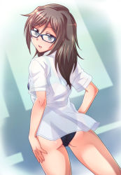 Rule 34 | 1girl, ass, back, blue eyes, brown hair, competition swimsuit, dress shirt, e20, glasses, houzumi satsuki, long hair, looking back, one-piece swimsuit, original, shirt, smile, solo, swimsuit