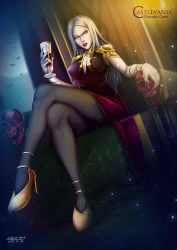 Rule 34 | 1girl, absurdres, blue eyes, carmilla, castlevania (series), castlevania (netflix), cup, dress, drinking glass, fingernails, highres, lipstick, long hair, looking at viewer, makeup, mobius yang, nail polish, pale skin, pantyhose, red lips, red nails, sitting, skull, solo, throne, vampire, white hair, wine glass