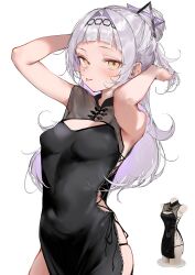 Rule 34 | 1girl, :p, absurdres, alternate costume, arched bangs, armpits, arms up, black dress, blunt bangs, blush, breasts, brooch, cleavage cutout, clothing cutout, commentary, covered navel, dress, grey hair, hair bun, hair ornament, hairband, highres, hololive, jewelry, long hair, looking at viewer, murasaki shion, pepq, reference inset, see-through, side-tie dress, simple background, small breasts, solo, star brooch, symbol-only commentary, tongue, tongue out, virtual youtuber, white background, yellow eyes