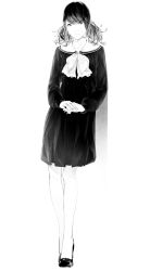 Rule 34 | 1girl, black hair, full body, greyscale, highres, monochrome, original, own hands clasped, own hands together, school uniform, serafuku, short hair, simple background, solo, sousou (sousouworks), white background