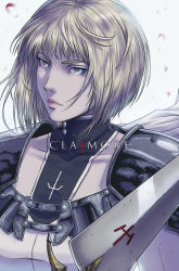 Rule 34 | 1girl, armor, blonde hair, blue eyes, bodysuit, cape, clare (claymore), claymore (series), claymore (sword), collarbone, copyright name, highres, jhony caballero, lips, pauldrons, petals, short hair, shoulder armor, solo, upper body, white background, white cape, wind, wind lift