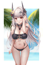 Rule 34 | 1girl, :o, absurdres, arknights, armlet, bare shoulders, bikini, black bikini, blue sky, blunt bangs, border, breasts, cleavage, collar, cowboy shot, day, flower, gluteal fold, gongbangmanchi (daisy cutter), hair ornament, hand in own hair, hand up, highres, horizon, horn flower, horn ornament, horns, infection monitor (arknights), jewelry, large breasts, leaning forward, long hair, looking at viewer, material growth, mudrock (arknights), mudrock (silent night) (arknights), navel, necklace, ocean, official alternate costume, open mouth, oripathy lesion (arknights), outside border, palm tree, pointy ears, red eyes, silver hair, sky, solo, swimsuit, thigh gap, tree, very long hair, white border, yellow flower