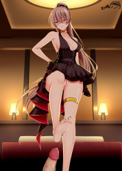 Rule 34 | 1boy, 1girl, azur lane, bare shoulders, bed, bedroom, black gloves, black nails, blonde hair, blush, breasts, censored, cleavage, cleft of venus, closed mouth, cocktail dress, commentary request, commission, cum, cum on body, cum on feet, cum on lower body, dress, erection, evening gown, footjob, gloves, gold bracelet, gold choker, hair between eyes, halter dress, halterneck, hand on own hip, hetero, high ponytail, highres, indoors, jean bart (azur lane), jean bart (uninhibited bloodstone) (azur lane), lampshade, long hair, looking at viewer, lying, medium breasts, mosaic censoring, nail polish, no panties, on back, out of frame, penis, pillow, ppshex, pussy, red eyes, sidelocks, skirt, stepped on, thighlet, toenail polish, toenails, upskirt, very long hair