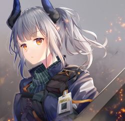 Rule 34 | 1girl, arknights, ballistic shield, black shirt, closed mouth, dragon horns, expressionless, grey background, grey hair, highres, horns, id card, ion (on01e), jacket, liskarm (arknights), long hair, looking at viewer, open clothes, open jacket, orange eyes, ponytail, pouch, shield, shirt, solo, strap, upper body