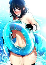 Rule 34 | 10s, 1girl, bad id, bad twitter id, black hair, breasts, female focus, gloves, goshiki suzu, gradient background, hat, innertube, kantai collection, large breasts, nakasone haiji, open mouth, red eyes, short hair, sketch, solo, swim ring, takao (kancolle), thighhighs, topless, translation request