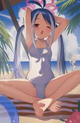 Rule 34 | 3girls, antenna hair, bare arms, bare legs, bare shoulders, barefoot, bitseon, blue archive, blue hair, blush, collarbone, covered navel, day, fubuki (blue archive), grey hair, halo, highres, kanna (blue archive), kirino (blue archive), long hair, looking at viewer, multicolored hair, multiple girls, one-piece swimsuit, one eye closed, open mouth, outdoors, pink halo, red eyes, soles, swimsuit, toes, twintails, white one-piece swimsuit