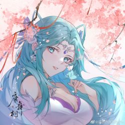 Rule 34 | 1girl, blue eyes, blue hair, braid, breasts, bug, butterfly, cherry blossoms, douluo dalu, dress, earrings, highres, insect, jewelry, large breasts, long hair, qing xixixixixizi w, sideways glance, tang wutong (douluo dalu), weibo logo, weibo watermark, white dress