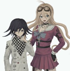 Rule 34 | 1boy, 1girl, antenna hair, black choker, black gloves, black hair, black scarf, blonde hair, blue eyes, breasts, checkered clothes, checkered scarf, choker, cleavage, commentary request, danganronpa (series), danganronpa v3: killing harmony, fingerless gloves, gloves, goggles, goggles on head, grey jacket, hair between eyes, hand on own hip, hand up, height difference, index finger raised, iruma miu, iumi urura, jacket, large breasts, long hair, long sleeves, o-ring, oma kokichi, pink shirt, pink skirt, pleated skirt, purple hair, sailor collar, scarf, shirt, simple background, skirt, smile, straitjacket, teeth, upper teeth only