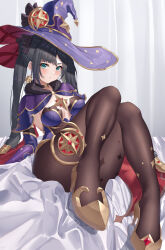 Rule 34 | 1girl, absurdres, black choker, black hair, blush, breasts, brooch, brown pantyhose, choker, closed mouth, genshin impact, gold trim, green eyes, hat, high heels, highres, jewelry, knees up, leotard, long hair, looking at viewer, medium breasts, mona (genshin impact), pantyhose, purple leotard, sitting, solo, sparkle print, styx, thighlet, twintails, v-shaped eyebrows, very long hair, witch hat