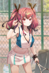 Rule 34 | 1girl, absurdres, azur lane, bare shoulders, blush, bottle, breasts, bremerton (azur lane), bremerton (scorching-hot training) (azur lane), chain-link fence, crop top, fence, grey hair, hair between eyes, hair ornament, hairclip, heart, heart necklace, highres, holding, holding racket, jewelry, large breasts, long hair, looking at viewer, multicolored hair, necklace, pink eyes, pink hair, racket, remonbabena (tjwlguso3o n), shirt, sleeveless, sleeveless shirt, solo, sportswear, streaked hair, tennis racket, tennis uniform, twintails, two-tone shirt, two-tone skirt, water bottle, x hair ornament
