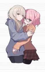 2girls black_pantyhose blush brown_skirt brown_sweater chinese_commentary closed_mouth commentary_request girls_band_cry glasses grey_eyes grey_hair grey_hoodie highres hina_(girls_band_cry) hood hood_down hoodie hug kawaragi_momoka long_hair long_sleeves looking_at_viewer multiple_girls open_mouth pantyhose pink_hair short_hair short_twintails skirt sweatdrop sweater twintails yun_cao_bing yuri