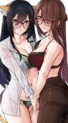 Rule 34 | 2girls, animal ears, black hair, blouse, blush, bra, breast press, brown hair, cat ears, cat tail, dress shirt, glasses, green eyes, hand on another&#039;s thigh, highres, lace, lace bra, light smile, long hair, mole, mole under mouth, multiple girls, naokomama, navel, open clothes, open shirt, original, panties, panties under pantyhose, pantyhose, red eyes, see-through, see-through shirt, shirt, striped bra, striped clothes, sweat, symmetrical docking, tail, thighband pantyhose, underwear