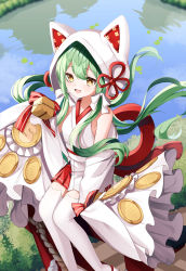 Rule 34 | 1girl, :d, absurdres, akashi (azur lane), akashi (white cat&#039;s repayment) (azur lane), animal ears, azur lane, bell, bow, cat ears, coin, commentary request, detached sleeves, eyes visible through hair, fake animal ears, green hair, hair between eyes, hair bow, hair ribbon, hareriya, highres, japanese clothes, kimono, long hair, looking at viewer, low twintails, official alternate costume, open mouth, pleated skirt, ribbon, sidelocks, sitting, skirt, sleeves past wrists, smile, solo, thighhighs, tsunokakushi, twintails, uchikake, white thighhighs, wide sleeves, yellow eyes, zettai ryouiki