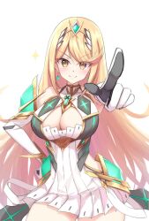 Rule 34 | 1girl, blonde hair, breasts, cleavage, cleavage cutout, clothing cutout, highres, large breasts, mythra (xenoblade), okazu2010015, pointing, pointing at viewer, solo, xenoblade chronicles (series), xenoblade chronicles 2, yellow eyes