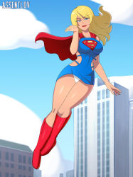Rule 34 | 1girl, alien, assentlov, blonde hair, blue eyes, boots, breasts, building, cape, city, day, dc comics, flying, highres, large breasts, legs, lipstick, long hair, makeup, panties, red cape, shiny skin, skirt, solo, supergirl, superman (series), underwear, upskirt, white panties