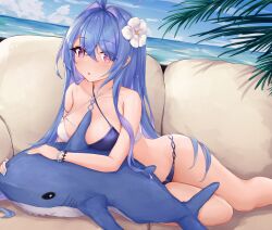 Rule 34 | 1girl, :o, absurdres, alternate breast size, azur lane, beach, between breasts, bikini, blue hair, blue nails, blush, breasts, day, flower, groin, hair between eyes, hair flower, hair ornament, helena (azur lane), helena (shimmering triangle wave) (azur lane), highres, hip focus, inflatable shark, inflatable toy, kyl490, large breasts, leaning on object, long hair, looking at viewer, lying, medium breasts, nail polish, ocean, on side, on stomach, open mouth, outdoors, palm tree, purple eyes, solo, staring, swimsuit, thighs, tree, two-tone bikini, very long hair, wet, wet bikini, wet clothes, wet hair, wet swimsuit, white flower